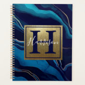 Navy Blue Agate Marble Gold Name en Monogram Planner (Voorkant)