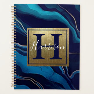 Navy Blue Agate Marble Gold Name en Monogram Planner