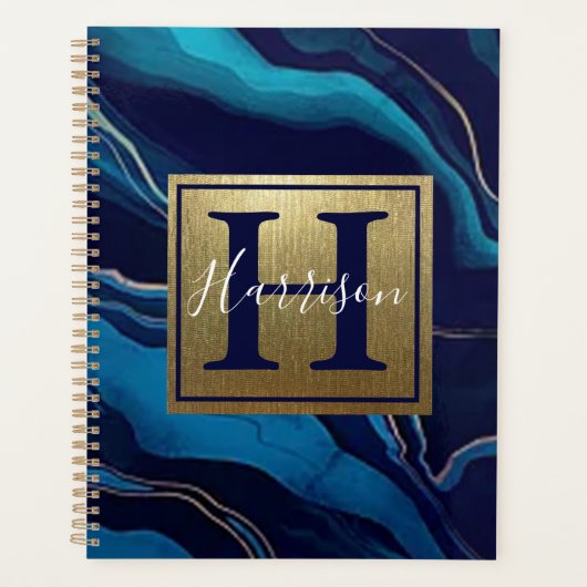 Navy Blue Agate Marble Gold Name en Monogram Planner (Voorkant)
