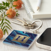 Navy Blue Agate Marble Gold Name en Monogram Sleutelhanger (Voorkant Rechts)