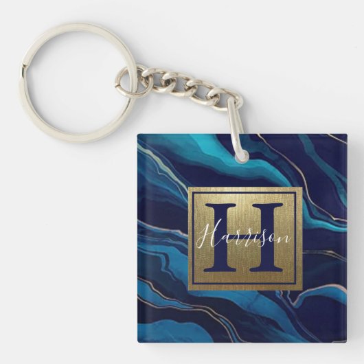 Navy Blue Agate Marble Gold Name en Monogram Sleutelhanger (voorkant)
