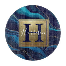 Navy Blue Agate Marble Gold Name en Monogram