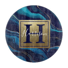 Navy Blue Agate Marble Gold Name en Monogram Snijplank