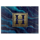 Navy Blue Agate Marble Gold Name en Monogram Snijplank (Voorkant)