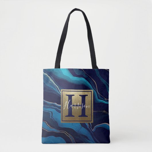 Navy Blue Agate Marble Gold Name en Monogram Tote Bag (Voorkant)