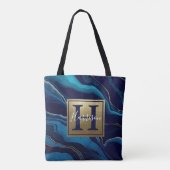 Navy Blue Agate Marble Gold Name en Monogram Tote Bag (Achterkant)