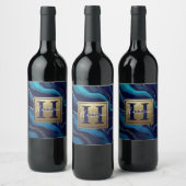 Navy Blue Agate Marble Gold Name en Monogram Wijn Etiket (Flessen)