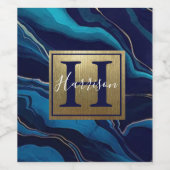 Navy Blue Agate Marble Gold Name en Monogram Wijn Etiket (Enkel label)