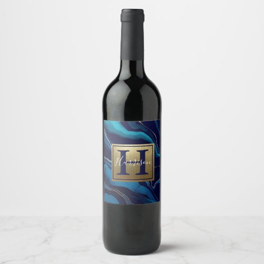 Navy Blue Agate Marble Gold Name en Monogram Wijn Etiket (Voorkant)