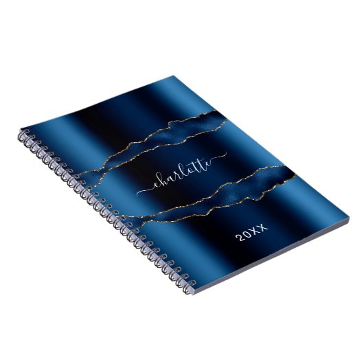 Navy Blue agate marble name script Notitieboek (Rechterzijde)