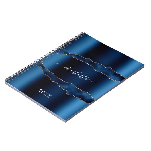 Navy Blue agate marble name script Notitieboek (Linkerzijde)