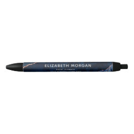 Navy Blue Agate Marble Roos Gold Glitter Name Zwarte Inkt Pen
