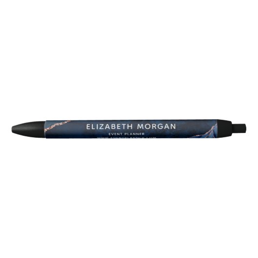 Navy Blue Agate Marble Roos Gold Glitter Name Zwarte Inkt Pen (Voorkant)