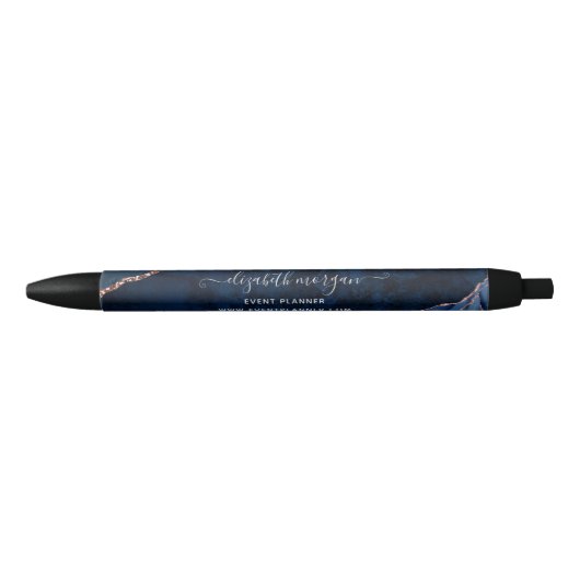 Navy Blue Agate Marble Roos Gold Glitter Script Zwarte Inkt Pen (Voorkant)
