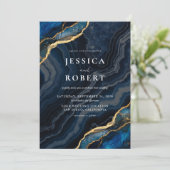 Navy Blue Agate Marmer Elegante Trouw Kaart (Staand voorkant)