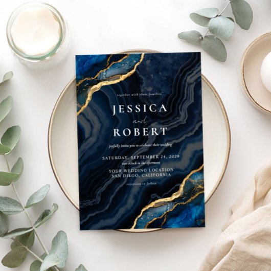 Navy Blue Agate Marmer Elegante Trouw Kaart