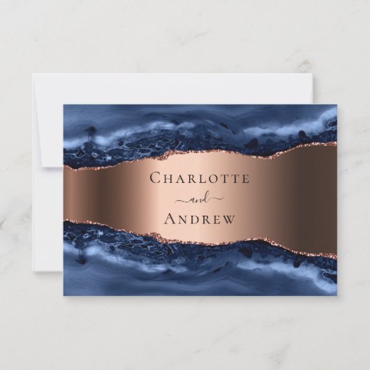 Navy blue agate marmer roos goudbruiloft RSVP Kaartje (Achterkant)