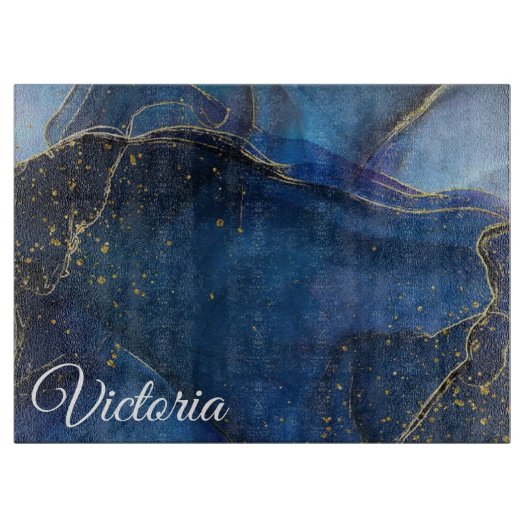 Navy Blue Agate met Gold Vein en naam Snijplank (Voorkant)