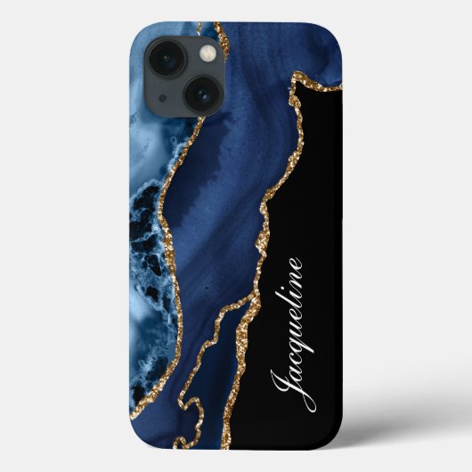 Navy Blue Agate Modern Waterverf Gold personaliser Case-Mate iPhone Case (Achterkant)