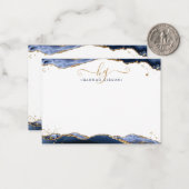 Navy Blue Agate Monogram Fancy Manuscript Gold Gli Notitiekaartje (Voorkant / Achterkant in situ)
