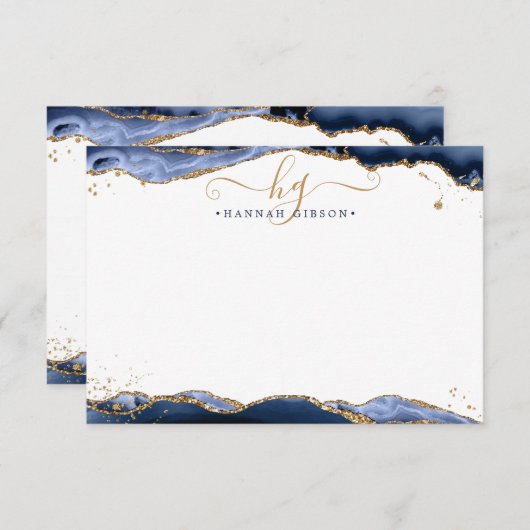Navy Blue Agate Monogram Fancy Manuscript Gold Gli Notitiekaartje (Voorkant / Achterkant)