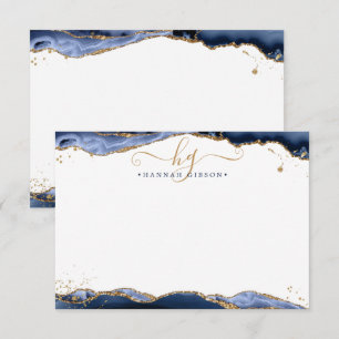 Navy Blue Agate Monogram Fancy Manuscript Gold Gli Notitiekaartje