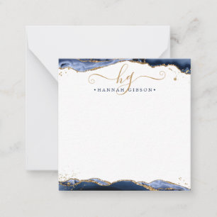 Navy Blue Agate Monogram Fancy Manuscript Gold Gli Notitiekaartje
