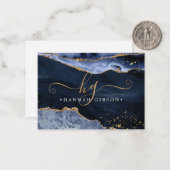 Navy Blue Agate Monogram Fancy Manuscript Gold Gli Notitiekaartje (Voorkant / Achterkant in situ)