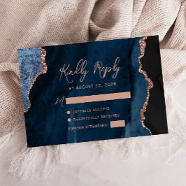 Navy Blue Agate Roos Gold Script Wedding RSVP Kaartje
