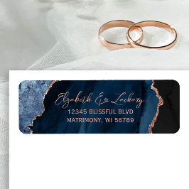 Navy Blue Agate Rose Gold Wedding Return Address Etiket