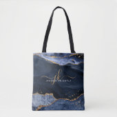 Navy Blue Agate Script Monogram Gold Glitter Tote Bag (Voorkant)