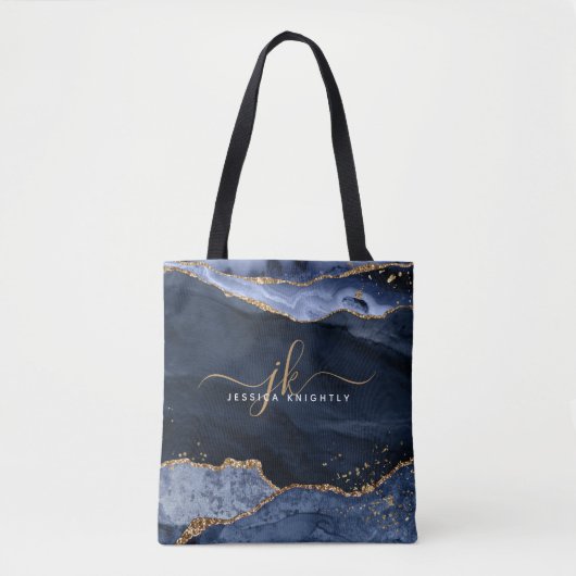 Navy Blue Agate Script Monogram Gold Glitter Tote Bag (Voorkant)