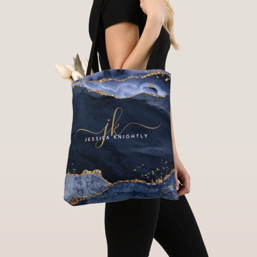 Navy Blue Agate Script Monogram Gold Glitter Tote Bag (Dichtbij)