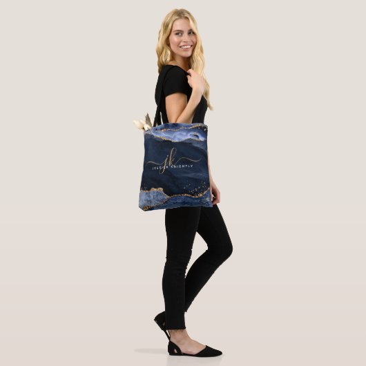 Navy Blue Agate Script Monogram Gold Glitter Tote Bag (Op model)