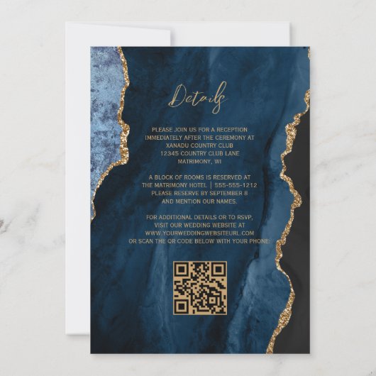 Navy Blue Agate Script QR Code Wedding Uitnodigen Kaart (Achterkant)