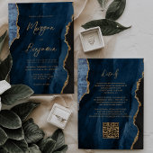 Navy Blue Agate Script QR Code Wedding Uitnodigen Kaart