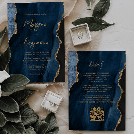 Navy Blue Agate Script QR Code Wedding Uitnodigen Kaart