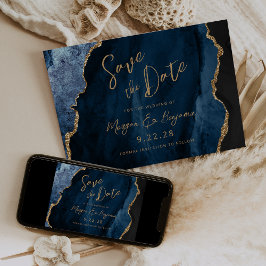 Navy Blue Agate Script Wedding Save the Date