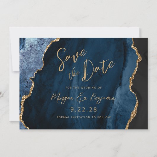 Navy Blue Agate Script Wedding Save the Date (Voorkant)