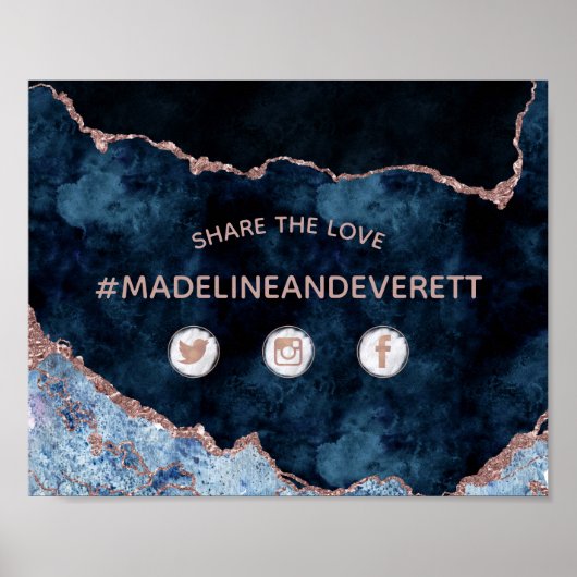 Navy Blue Agate Share the Love Wedding Social Sign Poster (Voorkant)
