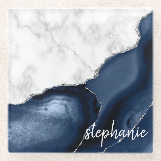 Navy Blue Agate Signature White Marble Silver Glazen Onderzetter (Voorkant)