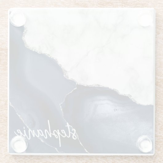 Navy Blue Agate Signature White Marble Silver Glazen Onderzetter (Achterkant)