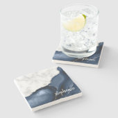 Navy Blue Agate Signature White Marble Silver Stenen Onderzetter (Zijkant)