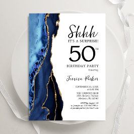 Navy Blue Agate White Gold Surprise 50e verjaardag Kaart