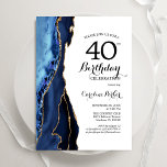 Navy Blue Agate Wit Goud 40e Verjaardag Kaart<br><div class="desc">Navy blauw,  wit en goud agaat 40e verjaardag uitnodiging. Elegant modern design met koningsblauwe waterverf agaat marmeren geode achtergrond,  faux glitter gold en typografie script lettertype. Trendy uitnodigingskaart perfect voor een stijlvol vrouwenfeest. Gedrukte Zazzle-uitnodigingen of direct downloadbare digitale afdrukbare sjabloon.</div>