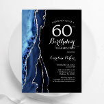 Navy Blue Agate Zilver Zwart 60e Verjaardag Kaart<br><div class="desc">Navy blauw,  zwart en zilver agaat 60e verjaardag uitnodiging. Elegant modern design met koningsblauwe waterverf agaat marmeren geode achtergrond,  faux glitter gold en typografie script lettertype. Trendy uitnodigingskaart perfect voor een stijlvol vrouwenfeest. Gedrukte Zazzle-uitnodigingen of direct downloadbare digitale afdrukbare sjabloon.</div>