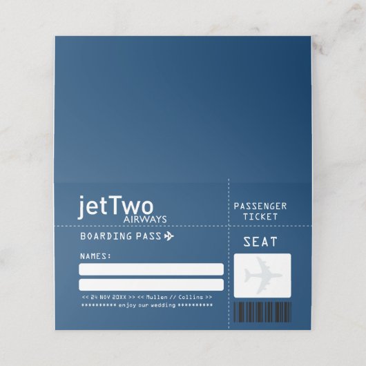 Navy Blue Airline Ticket Escort Place Card Plaatskaartje (Buitenkant ongevouwen)