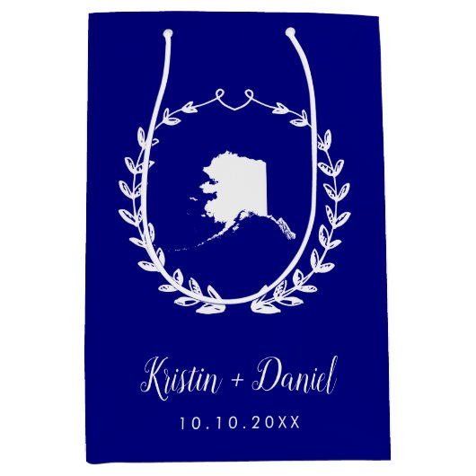 Navy Blue Alaska Map Weduwen Welkomstwoord Swag Medium Cadeauzakje (Voorkant)