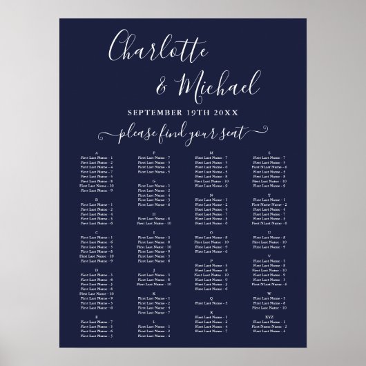Navy Blue Alphabetical Wedding Seating Chart Poster (Voorkant)