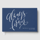 Navy Blue Altijd en altijd Script Weddenschap Gastenboek (Voorkant)